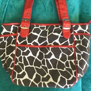 💚3/$25 Brown and white cow print purse with red buckled straps